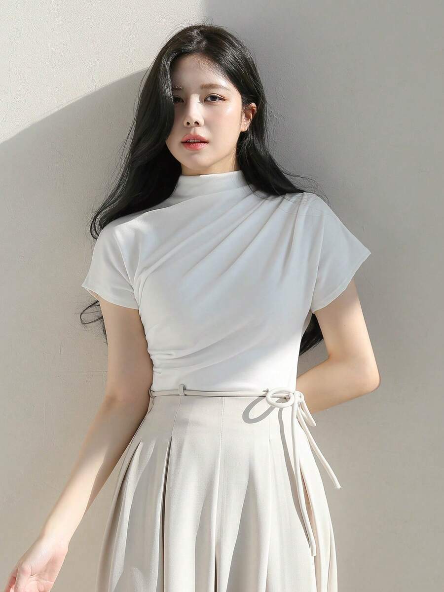 DAZY 褶饰针织高领上衣，商务休闲女式高领衫 - 白色 - 查看 1