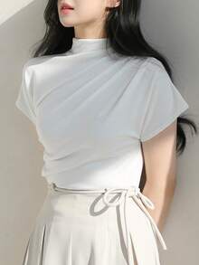 DAZY 褶饰针织高领上衣，商务休闲女式高领衫 - 白色 - 查看 2