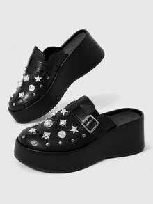ROMWE Grunge Punk Retro Rivet Heel Mules Shoes Women's, Platform Sole Slip-On Punk Style Versatile Outdoor Cool Slippers, Summer Wear Fall Shoes - Black - View 1