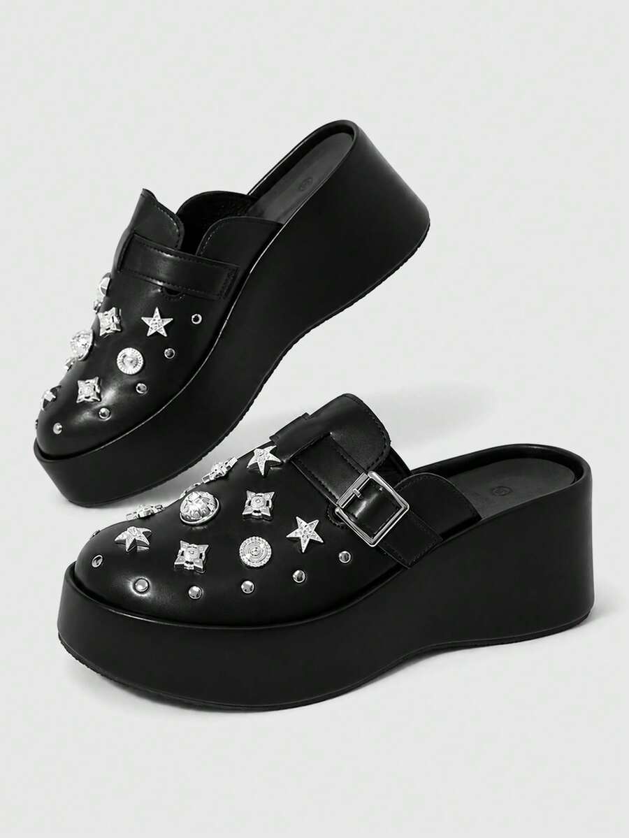 ROMWE Grunge Punk Retro Rivet Heel Mules Shoes Women's, Platform Sole Slip-On Punk Style Versatile Outdoor Cool Slippers, Summer Wear Fall Shoes - Black - View 1