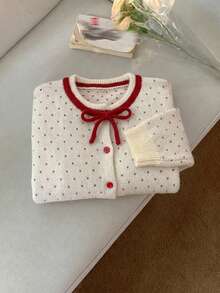 DAZY Girls (Big) Loose Polka Dot Contrast Color Bow Decor Cute Autumn/Winter Sweater Cardigan - Beige - View 7