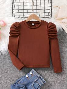 SHEIN Emery Rose Kids Camiseta de cuello redondo de manga gigot acanalada de unicolor para niñas preadolescentes - Óxido marrón - Ver 4