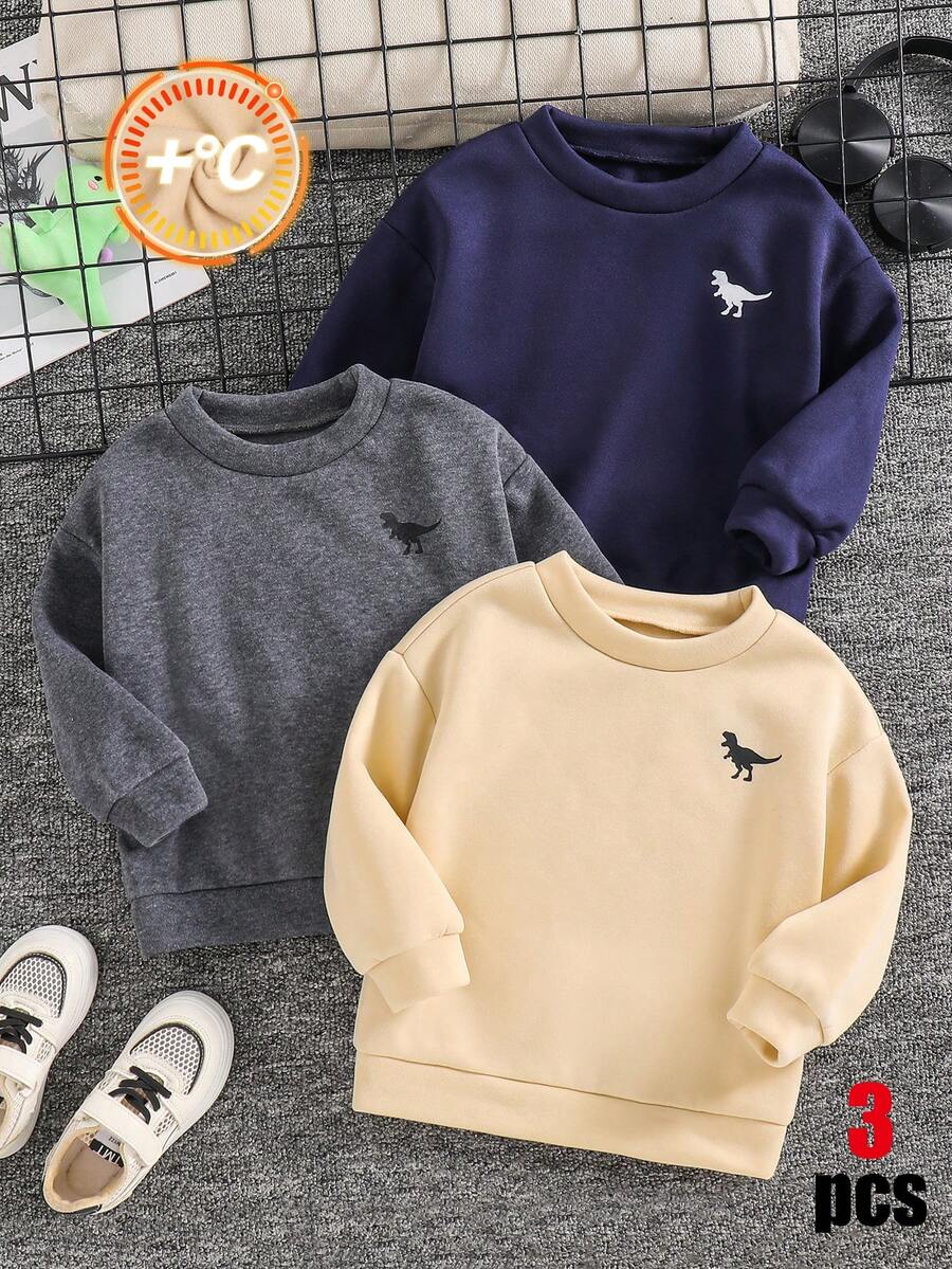 SHEIN 3件組小男孩恐龍印花圓領長袖運動衫 - 彩色 - 查看 1