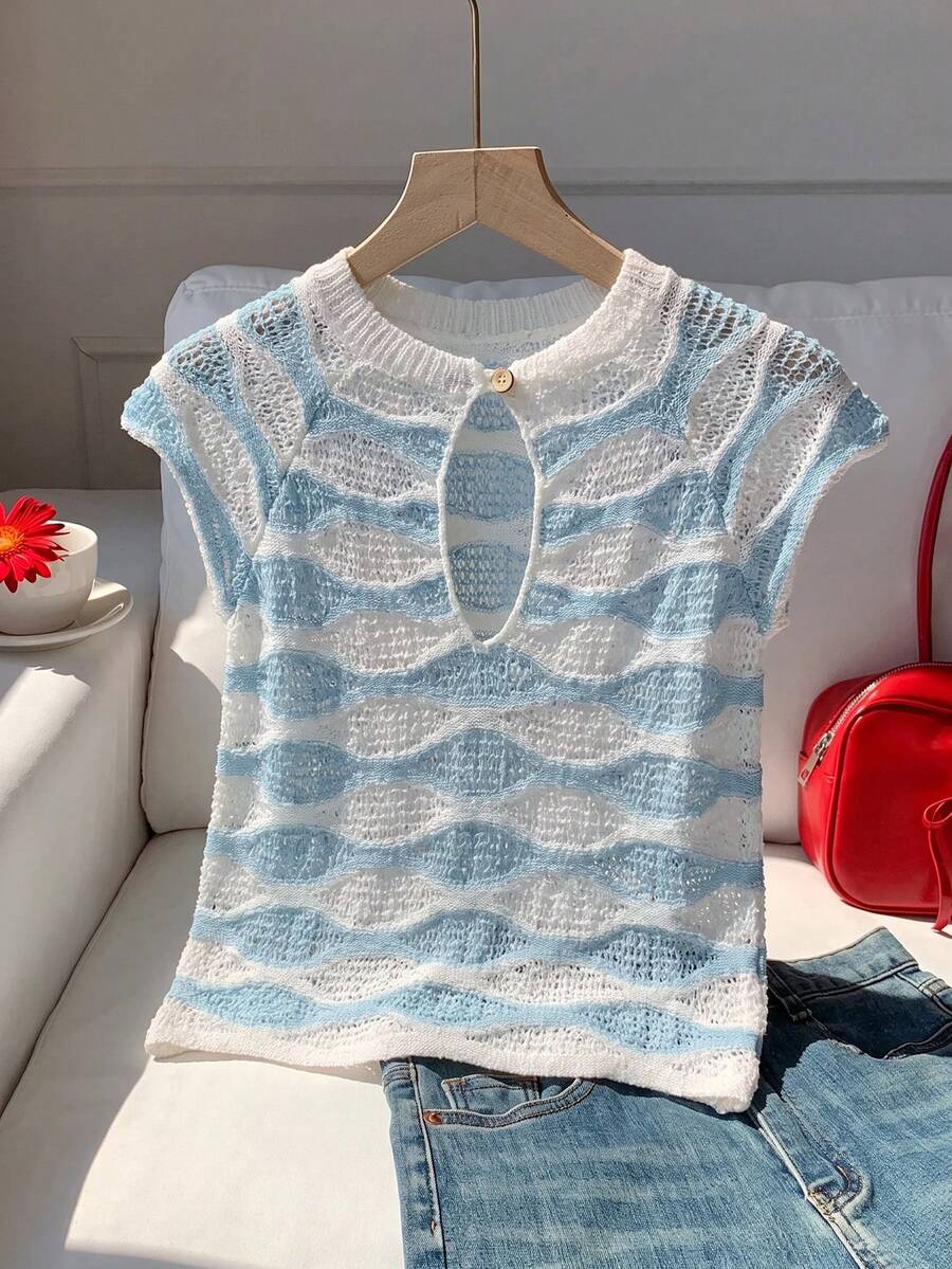 Comfortcana Áo len dệt kim nữ phối màu phong cách thường ngày đa năng mặc hàng ngày - Màu xanh lam - Xem 1