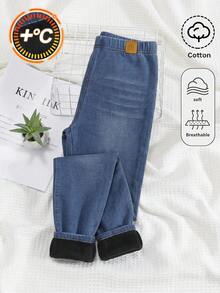 Girls' Blue Knitted Denim Fleece Lined Stretch Skinny Pants, Autumn/Winter - Blue - View 2