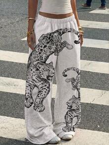 SHEIN EZwear 女款休閒低腰直筒運動長褲，復古虎紋印花機場風淺灰色夏季款 - 彩色 - 查看 6
