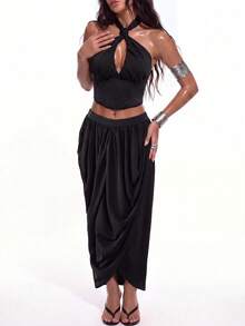 Swim Chiccia 2026 Summer New Women's Sexy Cropped Halter Pleated Bodycon Maxi Skirt Set Halloween Party Night Black - Black - View 5