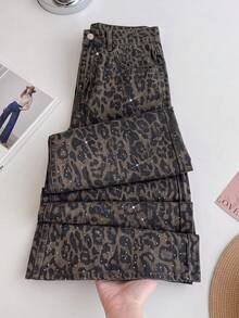 SHEIN MOD 大尺碼女款休閒復古豹紋水鑽裝飾牛仔褲 - 彩色 - 查看 1
