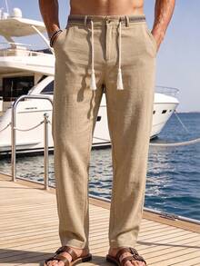 VENTUSAIL Men's Plus-Size Linen Drawstring Pants, Solid Khaki Summer Casual Trousers, Bohemian Beach Vacation Style, Crisp Solid Beige Joggers - Khaki - View 3