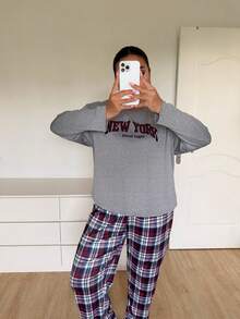 Napfluff CURVE Napfluff CURVE Plus Size Women's Casual Knit Plaid & Letter Print Loungewear Pajama Set - Grey - View 3
