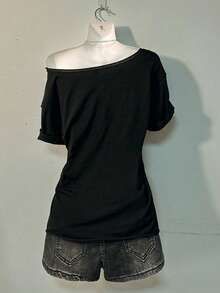 Attitoon 休閒極簡落肩女款 T-shirt，蜘蛛印花圖案，適合夏季 - 黑色 - 查看 2