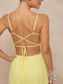 Lumalex Women's Pale Yellow Elegant Romantic Summer Maxi Dress,Spaghetti Strap Sweetheart Neck Cut-Out Ring Detail Ruffle Backless A-Line Holiday Gown - Multicolor - View 7