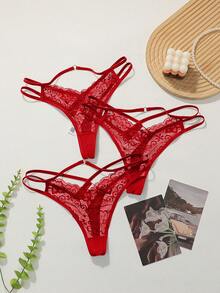 SHEIN 3pcs Lace Patchwork Thong Set - Red - View 2