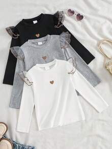 SHEIN Sparklyn 3件組女童秋冬刺繡愛心長袖T恤 幼兒女童長袖上衣 秋季上衣 白色上衣 - 彩色 - 查看 4