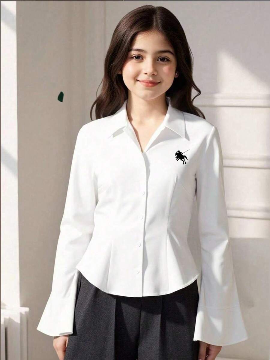 SHEIN 青少年女孩秋季上衣 白色領長袖襯衫,左胸精緻黑馬圖案,度假穿搭 - 白色 - 查看 1