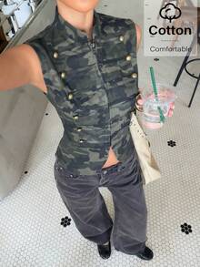 Muchica Women Winter Coat Camouflage Print Zip-Front Vest With Napoleon-Style Button Detail Y2k Clothes Y2K - Multicolor - View 3
