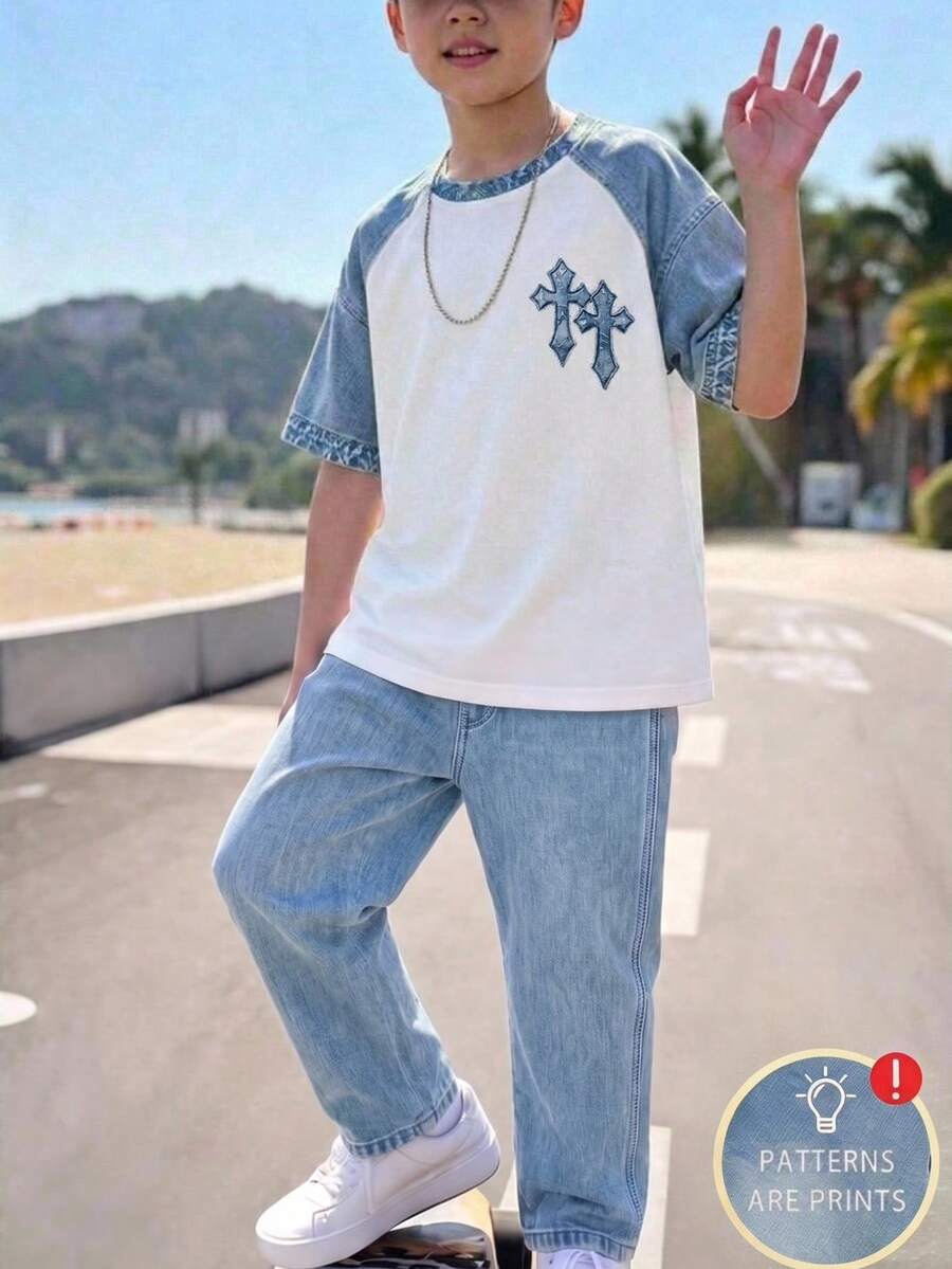 Teen Boy Casual Minimalist Short Sleeve Crew Neck T-Shirt & Flared Long Pants 2-Piece Set, Suitable For Summer - Multicolor - View 1