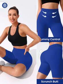 SHEIN Sports 素色高腰修身運動短褲 - 藍色 - 查看 6