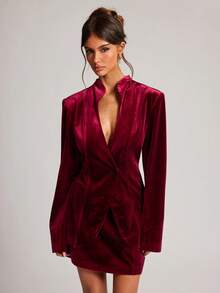 SHEIN BAE Women's Solid Color Long Sleeve Jacket And Mini Skirt Fashion Set - Burgundy - View 3