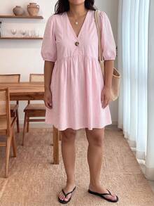 Enliva Plus Size Women's Ruffled Puff Sleeve V-Neck Dress - Baby Pink - View 5