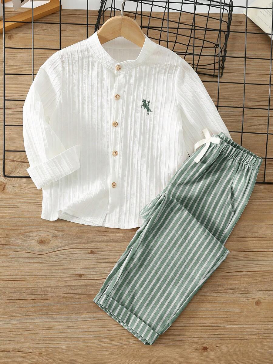 SHEIN 兒童小男孩學院風刺繡Logo立領長袖上衣/長褲套裝 - 彩色 - 查看 1