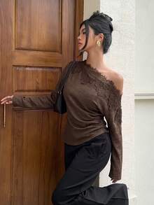 Siren Gaze Women's Solid Color Contrast Lace Asymmetric Shoulder Long Sleeve Fashion Top - Chocolate Brown - View 6