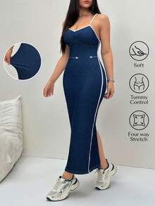 Flexra Plus Size Women's Colorblock Split Hem Fitted Spaghetti Strap Denim Dress - Blue - View 1