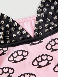 ROMWE Sexy Halloween Y2K Punk Rivet Patchwork Tiger Claw Print Women's Top - Baby Pink - View 3