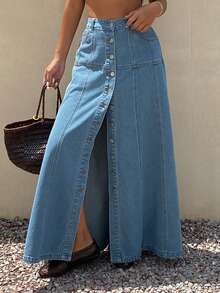 DAZY Solid Color Loose A-Line Maxi Casual 2000s Vacation Denim Skirt For Women, Autumn Vacation Blue - Blue - View 6