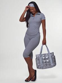 Musera Sport Grey Button Through Collared Contrast Trim Hems Cinched Fitted Active Polo Top Pilates Fitness Daily Casual Everyday Void - Light Grey - View 5
