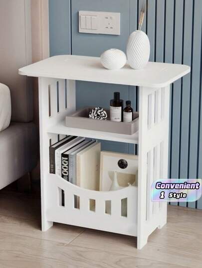 1pc Modern Nordic White Wood Storage Table, Multi-Functional Tiered Shelf For Bedroom Living Room, Easy Assembly Minimalist Bookcase Display Rack