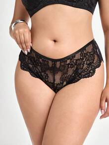 Slumbrini Plus Size Lace String Panties With Heart-Shaped Rhinestones Lingerie - Black - View 7