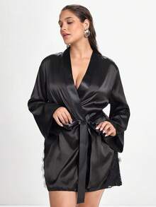 Slumbrini Plus Size Women's Eyelash Lace Patchwork Satin Robe & Nightgown 3-Piece Set - Black - View 11