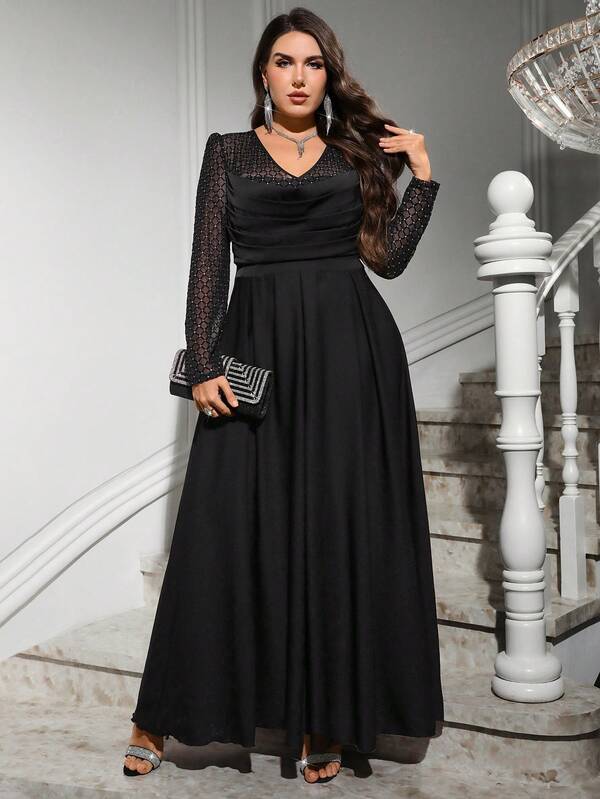 Reflora Plus Size Elegant Party Silver Foil Mesh Patchwork Dress