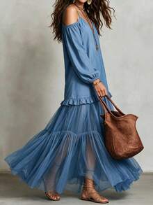 Omancia Women's Open Shoulder Lantern Sleeve Patchwork Chiffon Maxi Dress Vacation Dusty Blue Autumn Boho - Blue - View 5