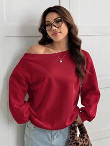 SHEIN EZwear 女款寬鬆不對稱肩領衛衣，內層保暖內裡，酒紅色，秋冬款 - 酒紅色 - 查看 5