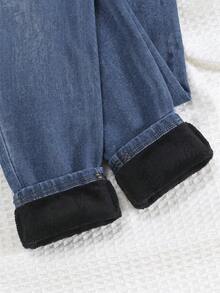 Girls' Blue Knitted Denim Fleece Lined Stretch Skinny Pants, Autumn/Winter - Blue - View 5