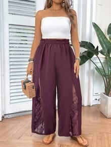 SHEIN VCAY Plus Size Casual Solid Color Lace Patchwork Pants - Dusty Pink - View 6