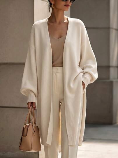 Balvessa Deep V-Neck Dropped Shoulder Lantern Sleeve Ribbed Cuff Loose Buttonless Women's Cardigan