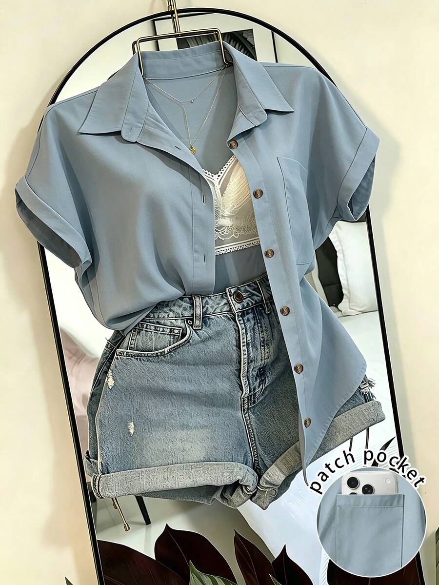 SHEIN LUNE 女款素色單排扣口袋休閒度假襯衫 - 藍色 - 查看 1