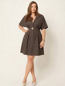 Auralis Plus Size Women's Elegant Casual Short Sleeve Dress Metal Waist Design Pleated Detail Teachers' Day Brunch Bussines Formal Office Brown Summer - Brown - View 8