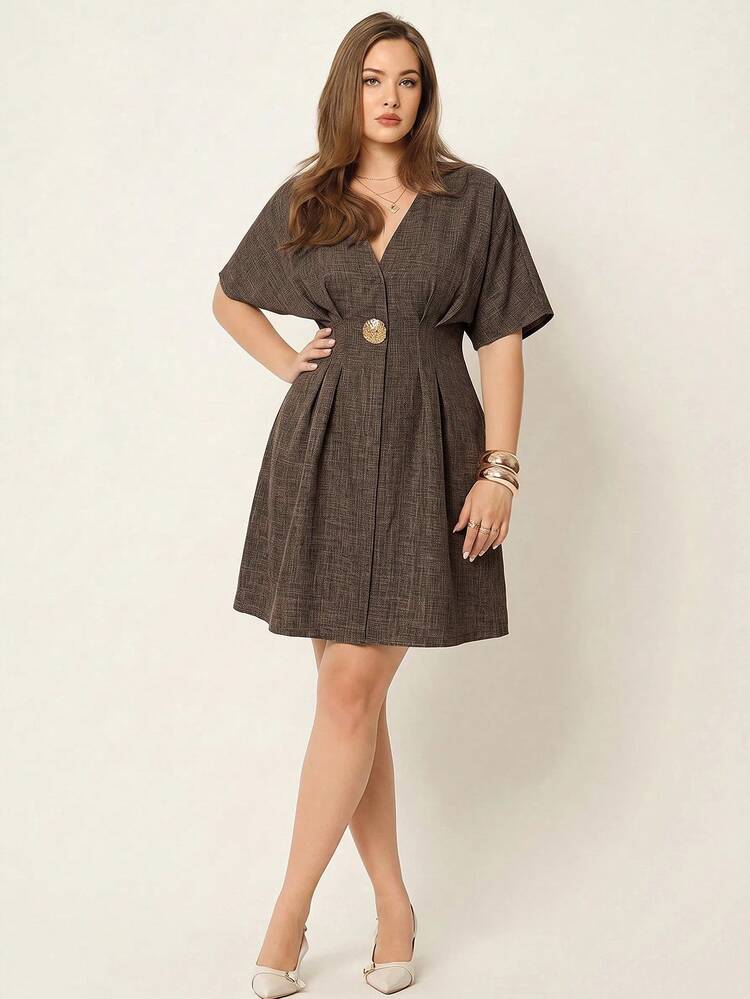 Auralis Plus Size Women's Elegant Casual Short Sleeve Dress Metal Waist Design Pleated Detail Teachers' Day Brunch Bussines Formal Office Brown Summer - Brown - View 7