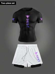 Gym Rark Men's Letter Print T-Shirt And Shorts Sports Set - Black - View 1
