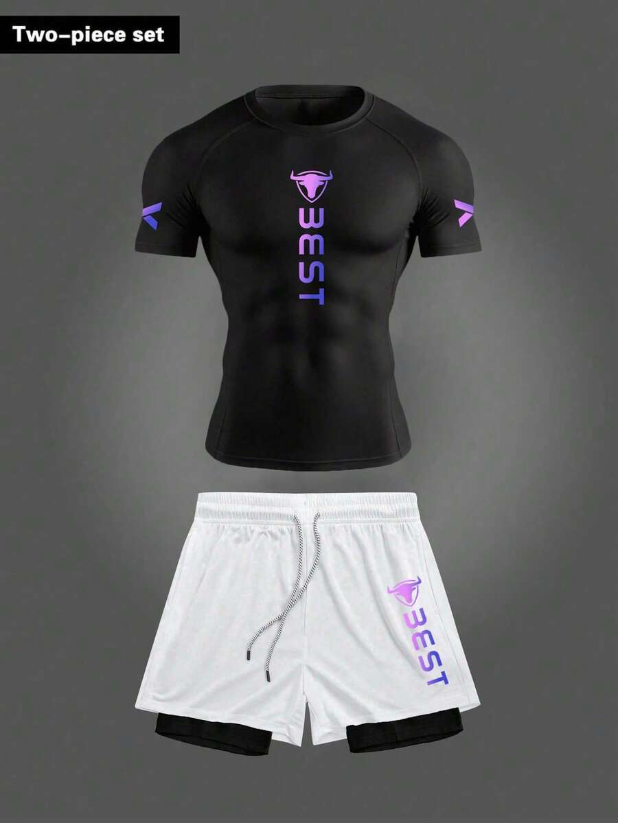 Gym Rark Men's Letter Print T-Shirt And Shorts Sports Set - Black - View 1