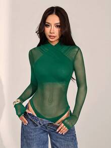 SHEIN PETITE 女款性感純色網紗包覆式連身衣，透視長袖 - 墨綠色 - 查看 8