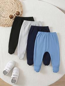SHEIN Vintaside Kids 4-Piece Baby Boy Solid Color Minimalist Footed Pants, Suitable For Sports, Spring/Autumn Baby Trousers Navy - Black - View 1