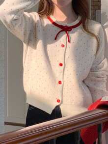 DAZY Girls (Big) Loose Polka Dot Contrast Color Bow Decor Cute Autumn/Winter Sweater Cardigan - Beige - View 6
