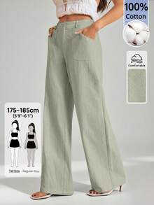 SHEIN Tall 100% Washed Cotton Low Waist Straight Pants - Olive Green - View 7