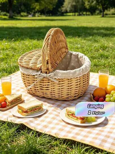 Wicker Picnic Basket With Lid, Vintage French Country Style Rattan Storage Basket, Lace Bow Decor, Outdoor Camping, Beach, Park, Garden Party Photography Prop, Home Storage Gift