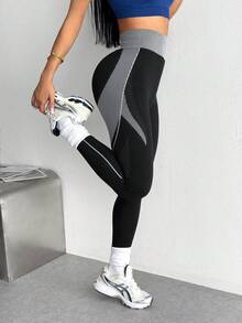 Dewbera Dewbera 1件女款無縫針織高腰拼色提臀多功能運動瑜伽緊身褲，適合健身房、皮拉提斯，黑色夏季必備運動款 - 黑色 - 查看 1